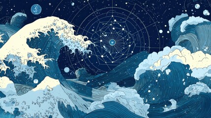 A vibrant ocean scene with dynamic waves and celestial patterns in a deep blue background