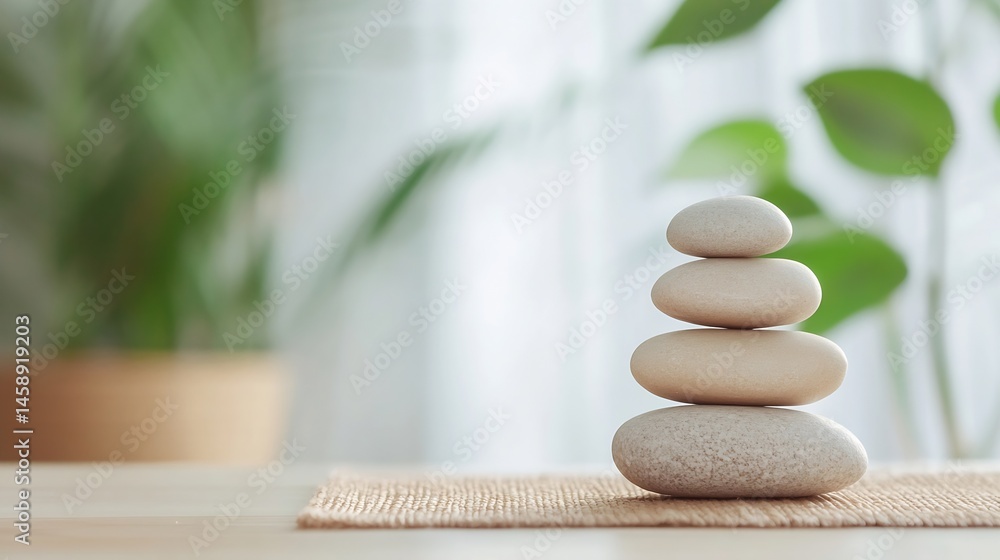 Poster serene stack of four smooth, light beige stones on a rustic mat, blurred green plants in background.