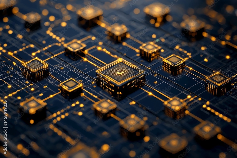 Poster abstract diagonal circuit board with interconnected navy and gold nodes pathways conveying technolog