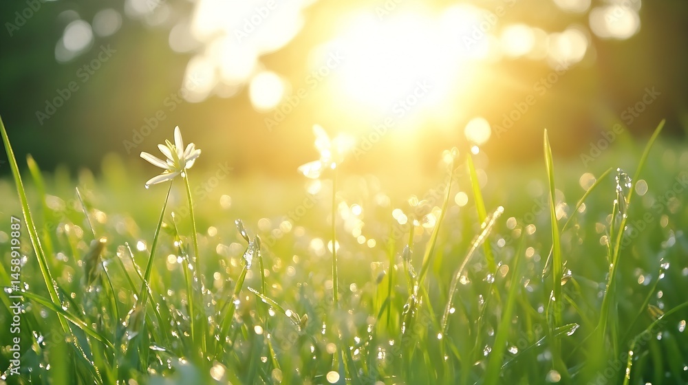 Poster close-up view of dew-covered grass blades and small white flowers illuminated by warm morning sunlig
