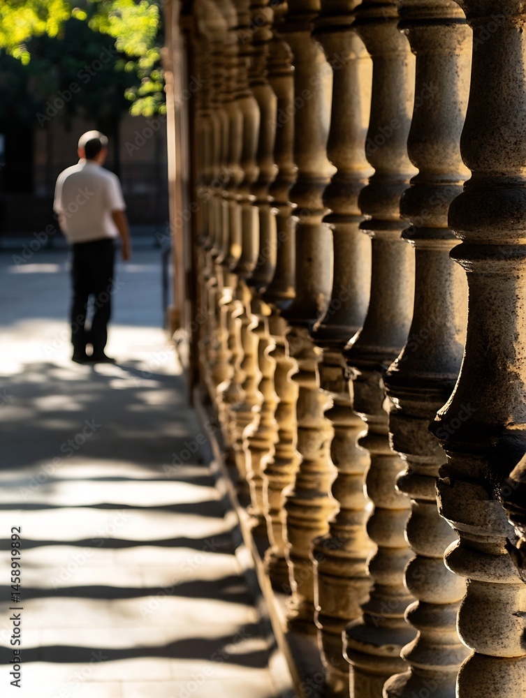 Fototapete sunlight illuminates a row of ornate stone balusters, a blurred figure walks in the background, crea