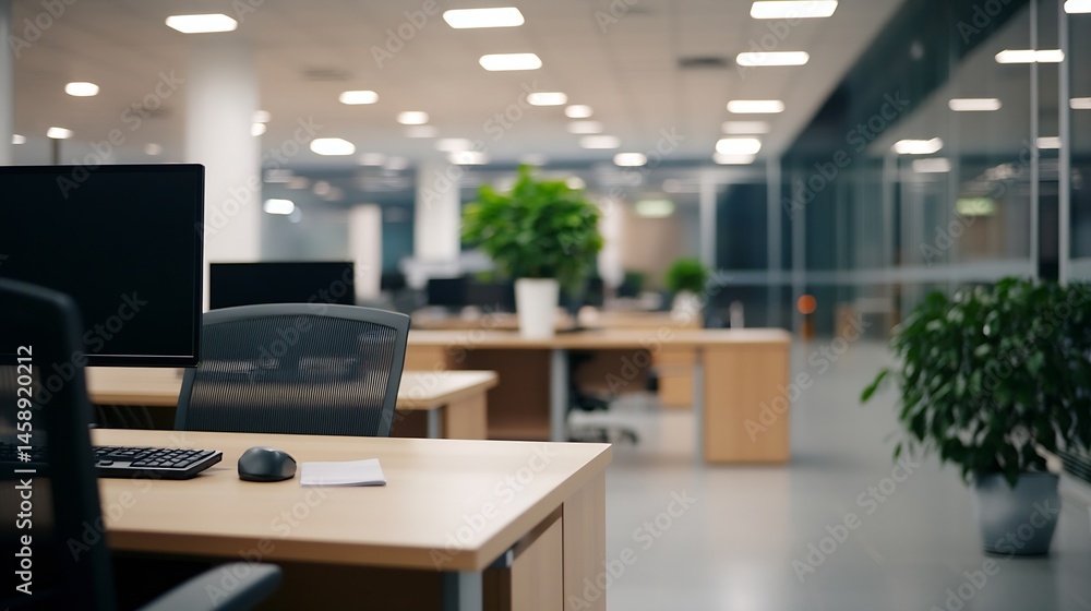 Poster modern office workspace with empty desks, computers, and plants, showcasing a minimalist and bright 
