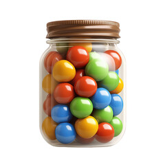 A glass jar filled with colorful candy balls, showcasing vibrant shades of red, blue, yellow, green, and orange, perfect for sweet treats or decorative purposes.
