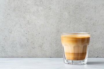 A close-up shot of a clear glass coffee cup filled with urban espresso, showcasing brewing details and vibrant colors.