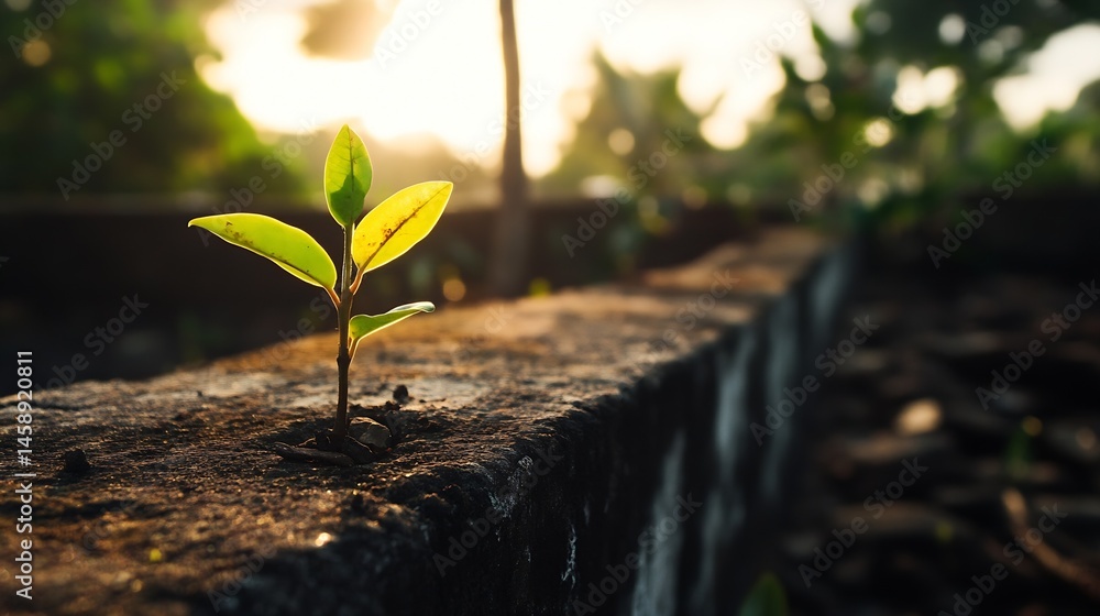 Poster a resilient young sprout emerges from a crack in a weathered stone wall, bathed in the warm glow of 