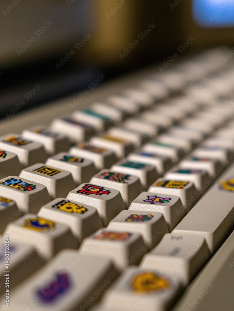 Aufkleber close-up view of a colorful keyboard with playful character stickers, showcasing unique designs