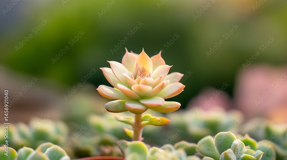 Poster close-up view of a peach-colored echeveria succulent, its rosette shape highlighted against a blurre
