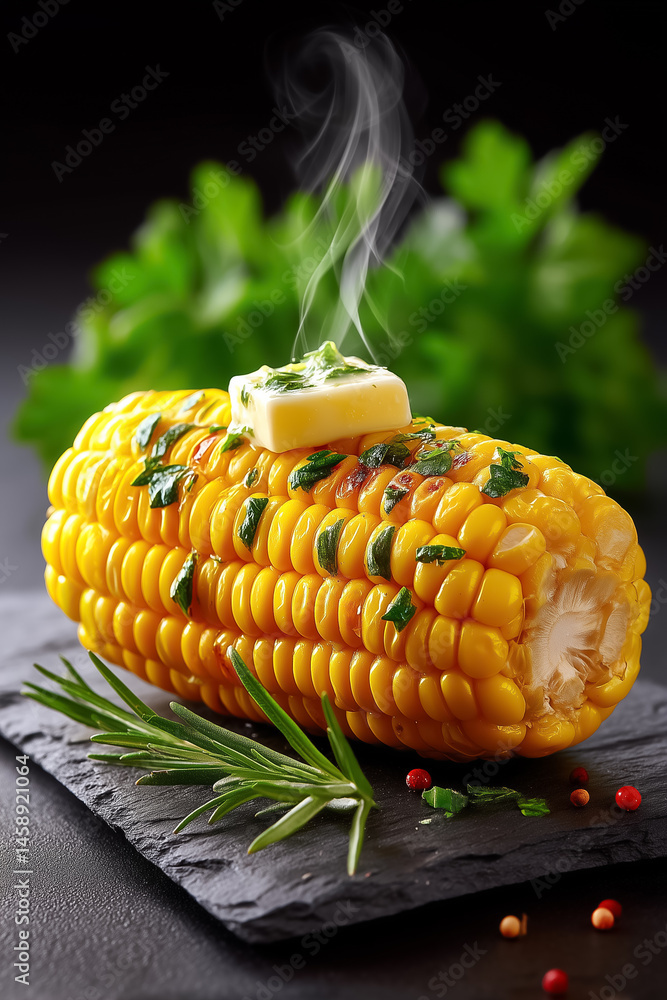 Poster grilled corn on the cob brushed with herb butter. steam rises creating vibrant atmosphere. dark slat