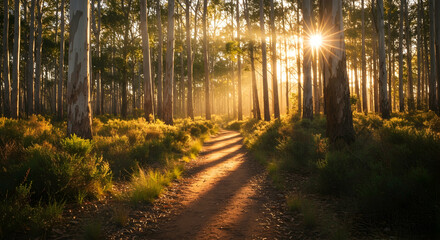 Golden Sunlight illuminates tranquil forest path creating a magical and inviting atmosphere for nature lovers exploration