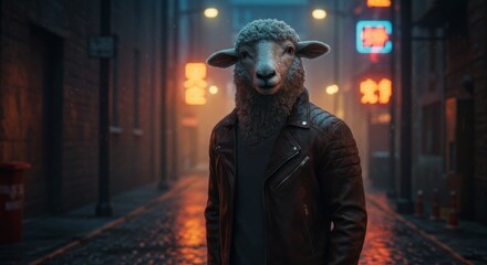 Sheep Character Wearing Leather Jacket in City Street at Night