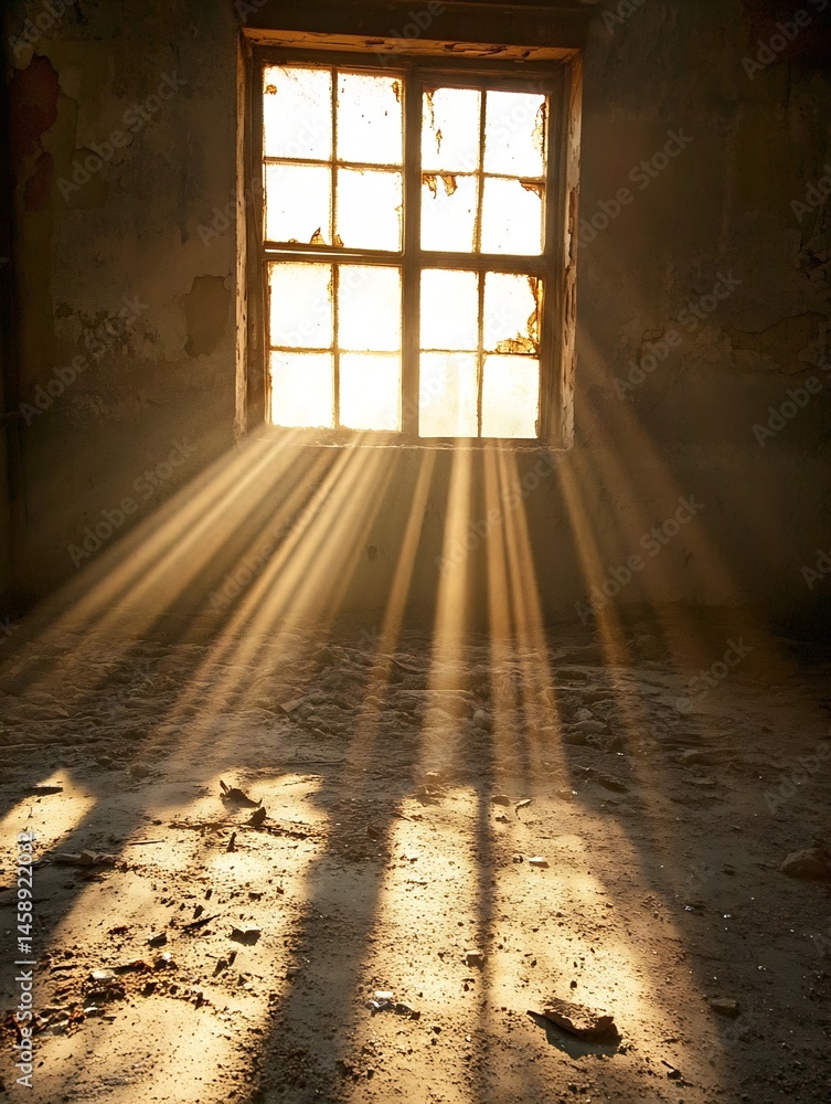 Aufkleber sunbeams illuminate a derelict room's dusty floor, streaming through a broken window in an abandoned