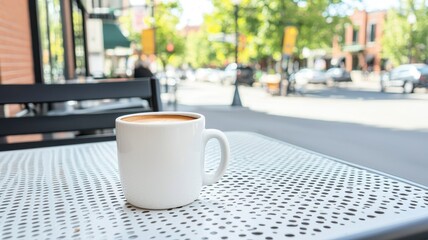Fototapeta premium Urban street view featuring coffee brewing in a cup, showcasing vibrant city life.