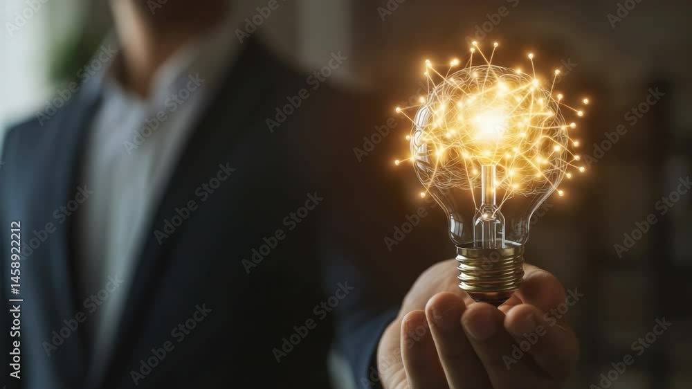 Poster illuminating idea: a person holds a glowing lightbulb, symbolizing the spark of innovation, creativi