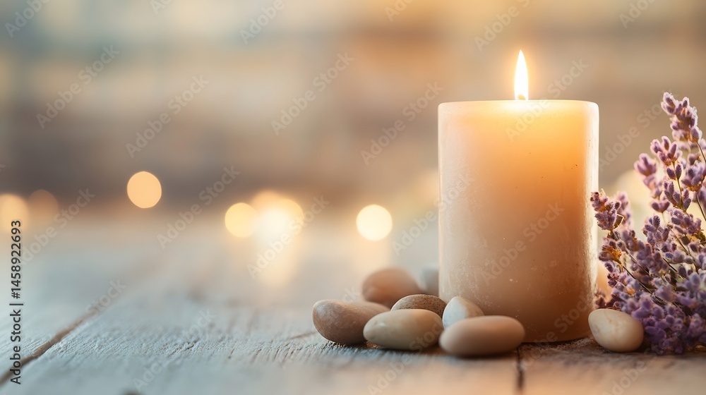 Poster serene spa setting with a lit candle, smooth stones, and fragrant lavender, creating a peaceful and 