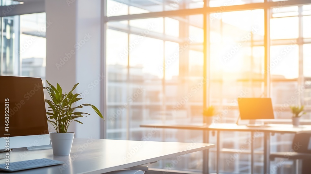 Poster modern office workspace with computer, plant, and large windows offering a bright, sunlit view of th