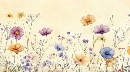 Beautiful seamless floral water color pattern Set, watercolor wild flowers, leaves and grass,Collection botanic garden elements. Vector isolated illustration in rustic or vintage style,copy space.