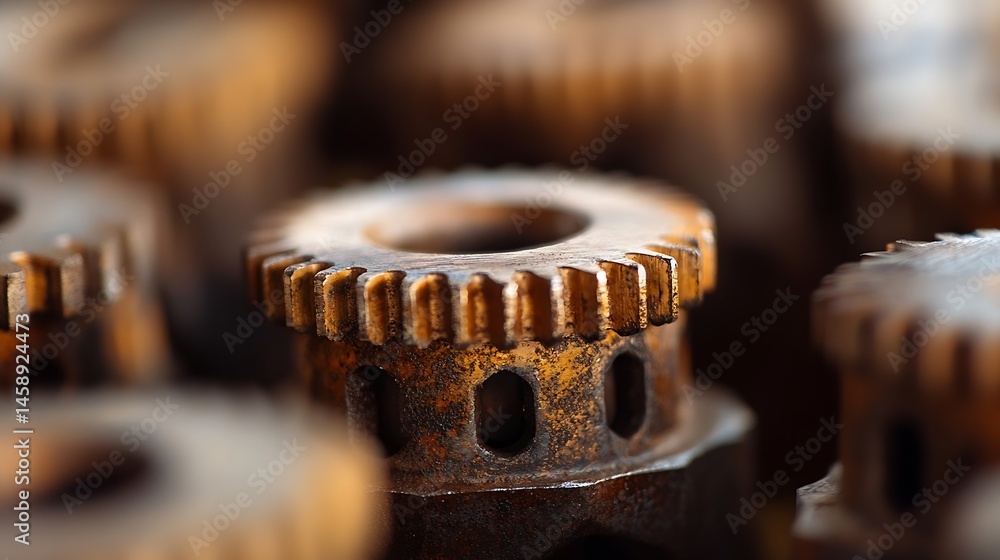 Poster Close-up view of several small, rusty, metallic gears, showing intricate detail and texture.  The focus is sharp on one gear, with others blurred in the background, creating a sense of : Generative AI