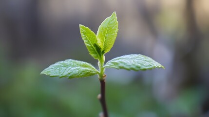 Obraz premium A vibrant young sprout emerges, showcasing delicate, bright green leaves unfurling on a slender stem against a soft, blurred natural background. : Generative AI