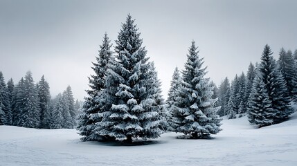 Fototapeta premium Serene winter landscape featuring snow-covered evergreen trees and frosted branches