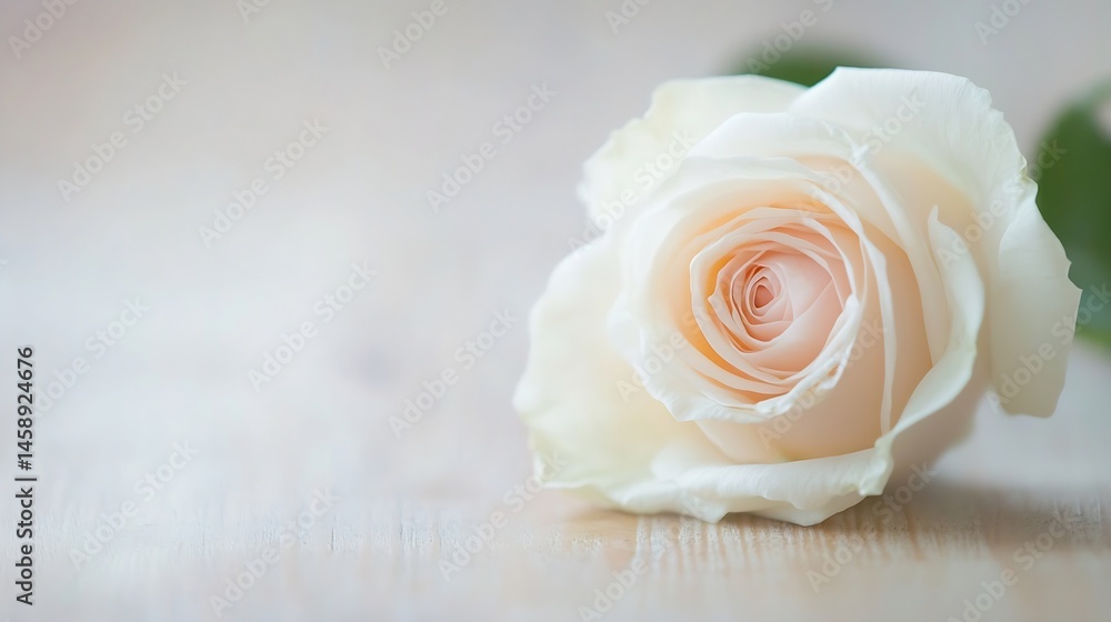 Aufkleber Close-up view of a single, delicate, light cream rose resting on a soft, light wooden surface.  The petals are softly illuminated, showcasing their gentle texture and subtle color vari : Generative AI