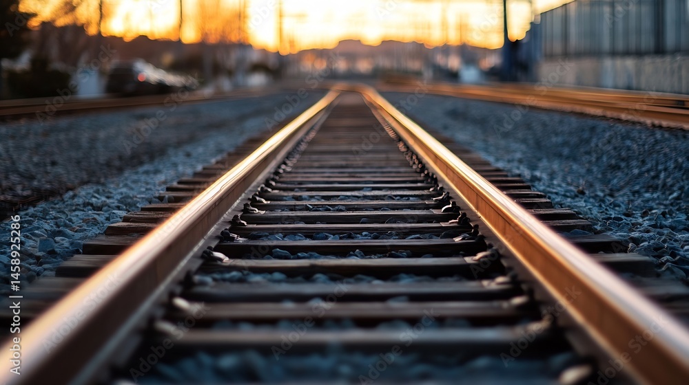 Aufkleber Sunset view of a railway track extending towards a blurred horizon, showcasing the warm golden light of the setting sun reflecting on the steel rails. : Generative AI