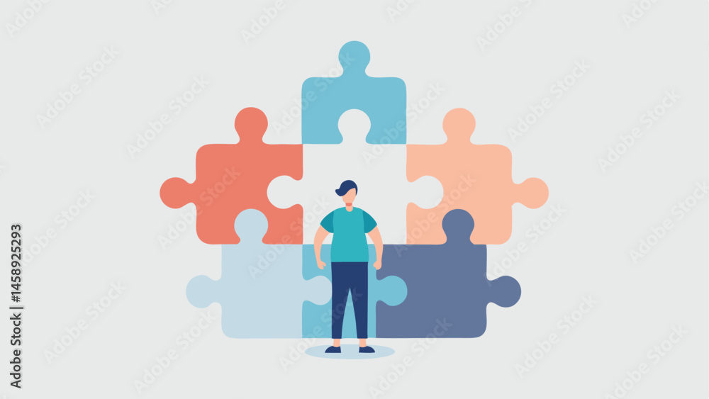 Aufkleber puzzle with too many pieces an illustration of a person surrounded by an exaggeratedly large puzzle 