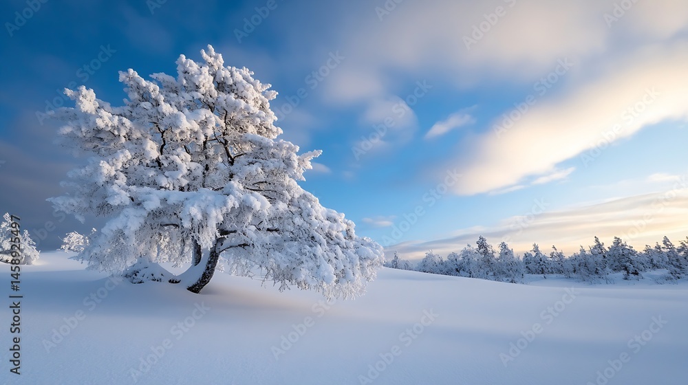 Poster snow-covered pine tree in a winter landscape, under a vibrant blue sky with soft clouds. the scene e