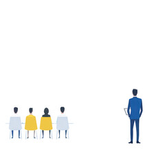 A presentation scene with an audience seated in front of a speaker. The speaker is engaging with the listeners, showcasing a professional communication environment.