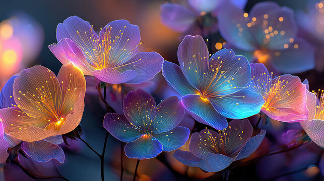 Enchanting luminous flowers glowing softly with inner light in shades of blue, pink, orange, yellow, and purple, delicate translucent petals illuminated from within
