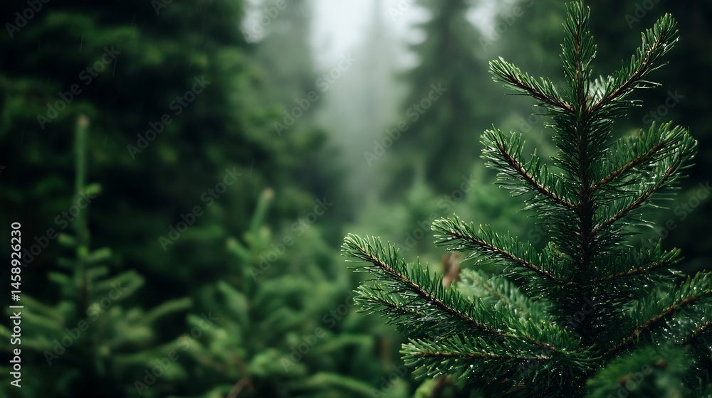 Poster close-up of a pine branch glistening with rain, set against a blurred backdrop of a lush, dark green