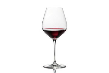 Elegant red wine glass partially filled showcasing its crystal clarity against a bright white