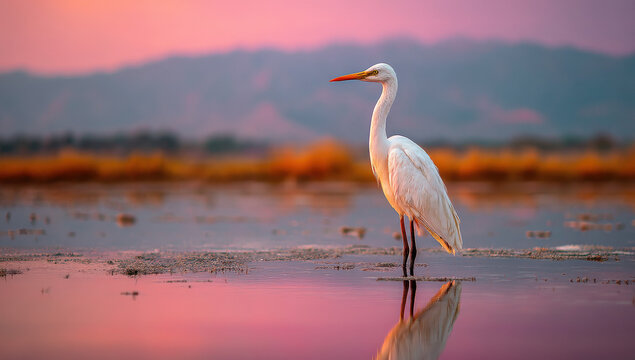 Elegant white egret wading in pink sunset water, serene nature scene, bird in tranquil wetland habitat, beautiful avian wildlife photography.