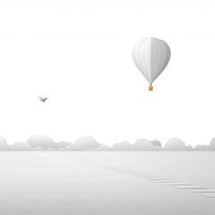 Obraz premium A serene scene depicting a white hot air balloon floating above fluffy clouds, set against a clear blue sky, evoking a sense of adventure and tranquility.