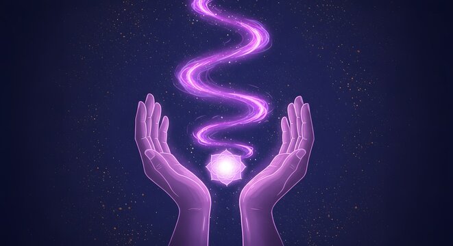 Abstract Representation of Hands Emitting Mystical Energy in a Cosmic Purple Background