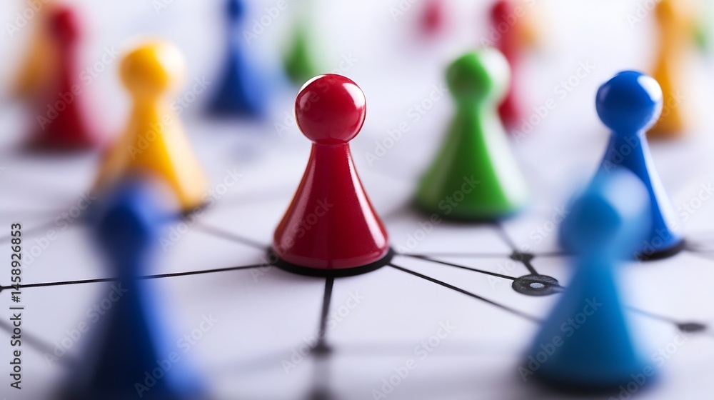 Fototapete a red game piece sits at the center of a network, surrounded by colorful game pieces representing co