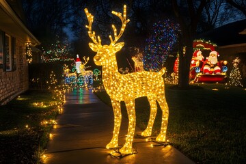 Festive outdoor christmas decorations featuring illuminated reindeer and elaborate holiday displays