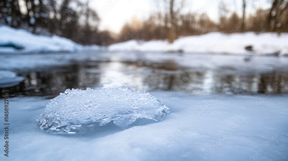 Leinwandbilder Close-up of a chunk of translucent ice resting on snow near a partially frozen river, with a blurred background of winter trees and a soft sunlight. : Generative AI