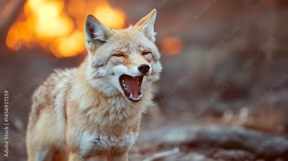 Poster A coyote with its mouth open, standing in a forest with a blurred background of orange flames, possibly a wildfire. : Generative AI