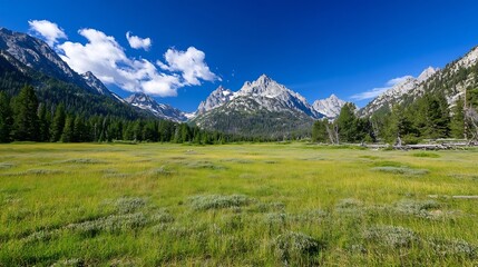 Fototapeta premium Majestic mountain range peaks rise above a vibrant green meadow under a clear blue sky, creating a breathtaking natural landscape. : Generative AI
