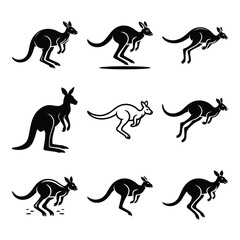 Kangaroo set silhouette clipart illustration & drawing black & white