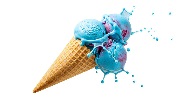 blue bubblegum ice cream scoop on cone png. ice cream scoop bursting with colorful scoops and toppings isolated. Squirting ice cream from cone for summertime advertisements png. ice cream dessert