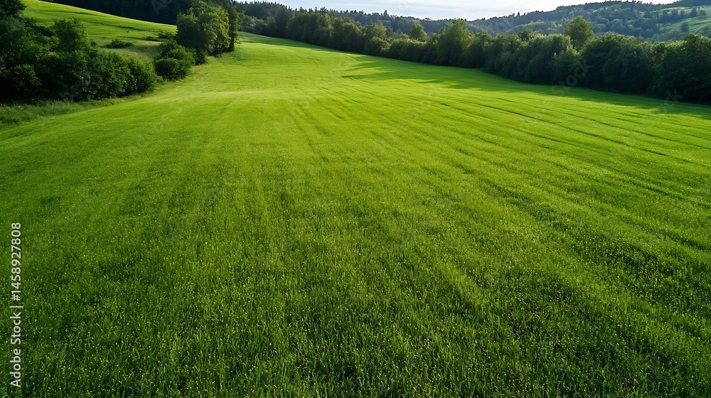 Aufkleber Aerial view of a vibrant green field gently sloping down towards a line of lush green trees and distant hills under a partly cloudy sky. : Generative AI