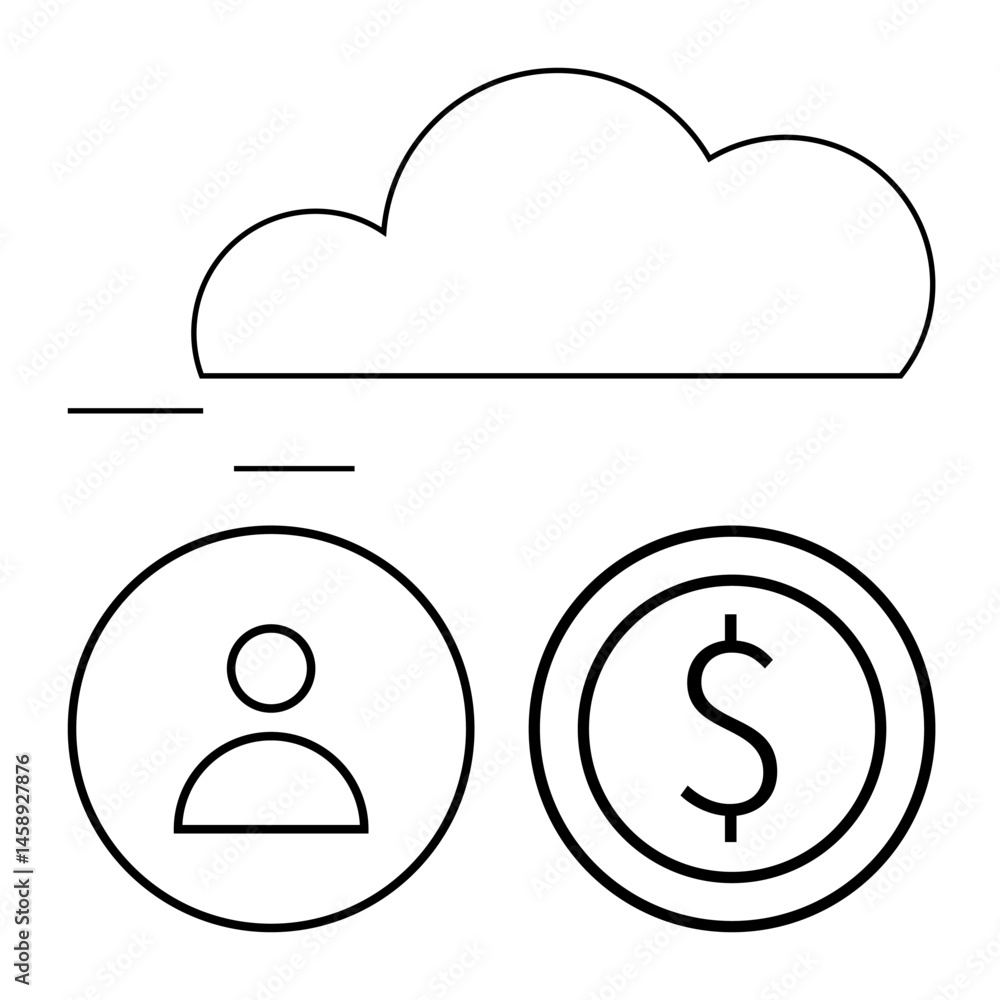 Poster cloud with user profile and dollar coin outlines symbolizing data storage, finance, and access shari
