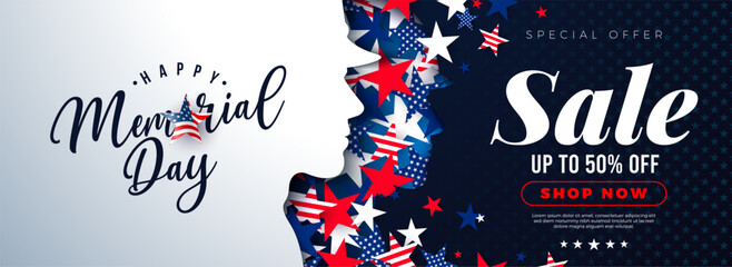 Memorial Day Sale Illustration with Flying Flag Pattern Stars in Patriotic Soldier Silhouette on Blue Background. Vector American USA National Celebration Design with Typography Lettering for Coupon