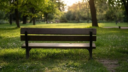 Fototapeta premium Empty wooden park bench sits in lush green grass, bathed in warm evening sunlight, tranquil park setting. : Generative AI