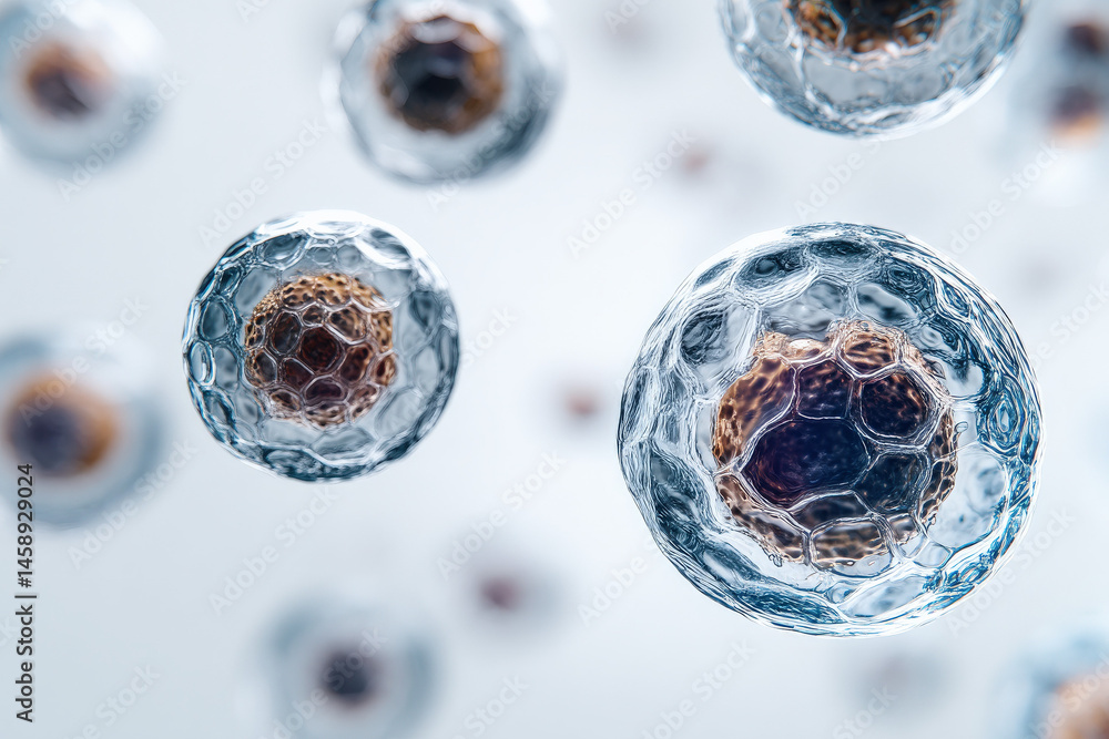 Fototapete Microscopic view of translucent cells with intricate brown nuclei, floating in a light blue fluid.  Detailed 3D rendering of cellular structures.