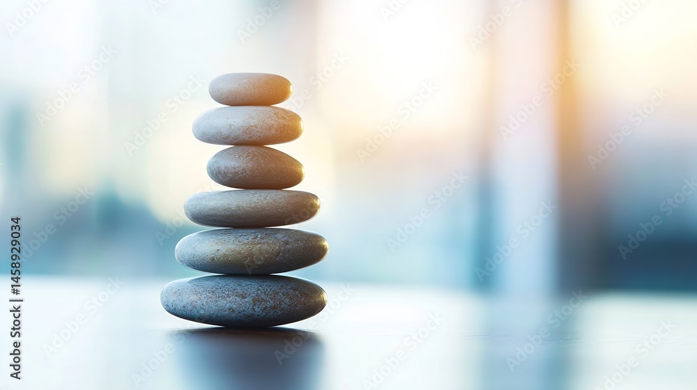 Leinwandbilder serene stack of gray stones on a table, balanced and peaceful, with a soft blurred background of a w