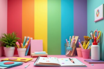 Productivity meets vibrancy. Colorful art supplies including paintbrushes, pencils, scissors in jars, notebooks, and a green plant on a bright rainbow-striped wall background, perfect for creative wo