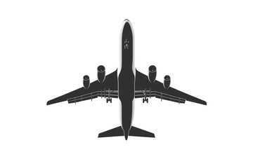 Detailed top-down view of passenger airplane, showing engines, wings, landing gear, and fuselage contours, isolated on a transparent background