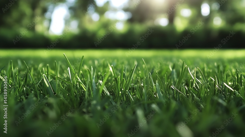 Poster close-up view of vibrant green grass blades, illuminated by sunlight, with a blurred background of l